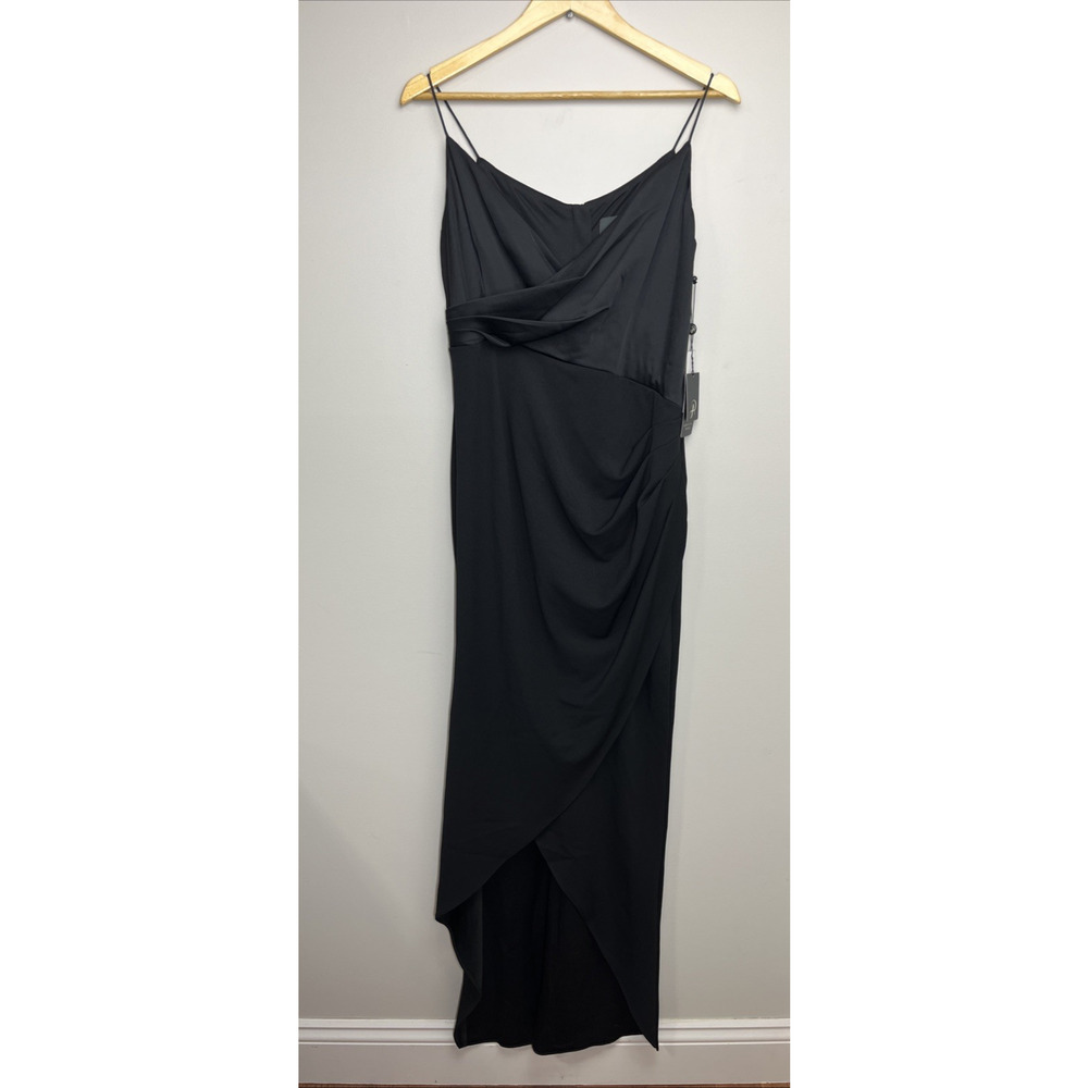 Adrianna Papell Full Length Gown Maxi Formal Dress 8 Black Hi Low V Neck Ruched